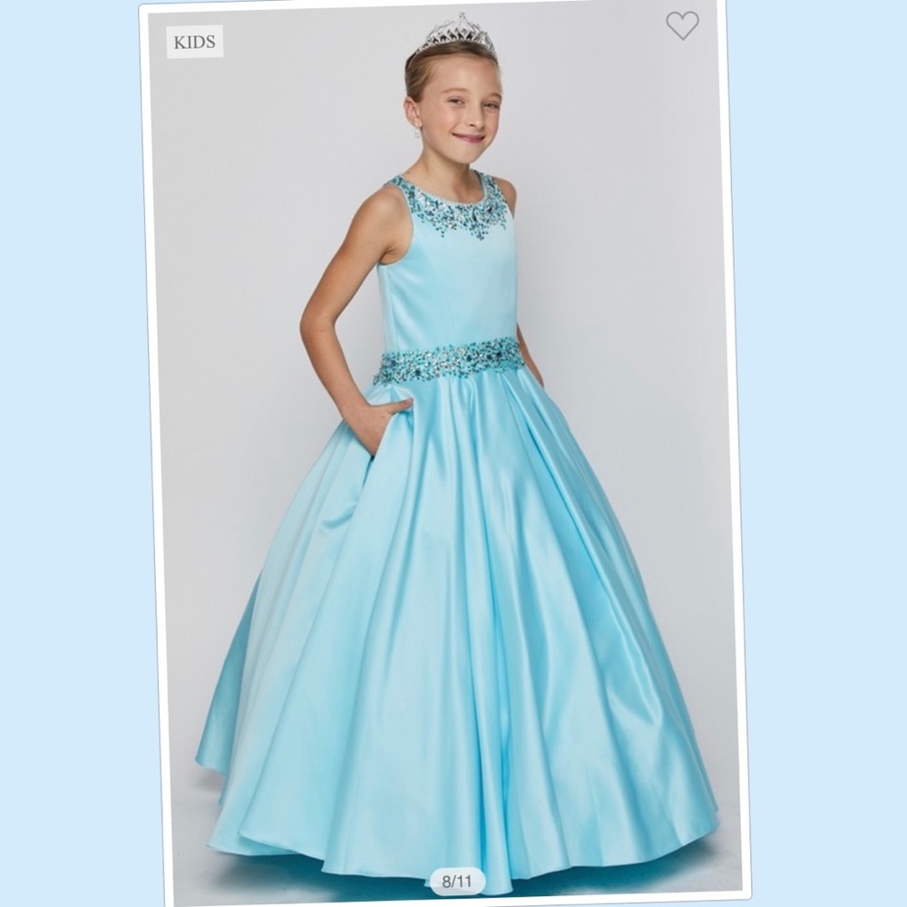 Girls Kids Children’s Tween Royal Blue Satin Pageant Dress with Pockets - Picture 5 of 6